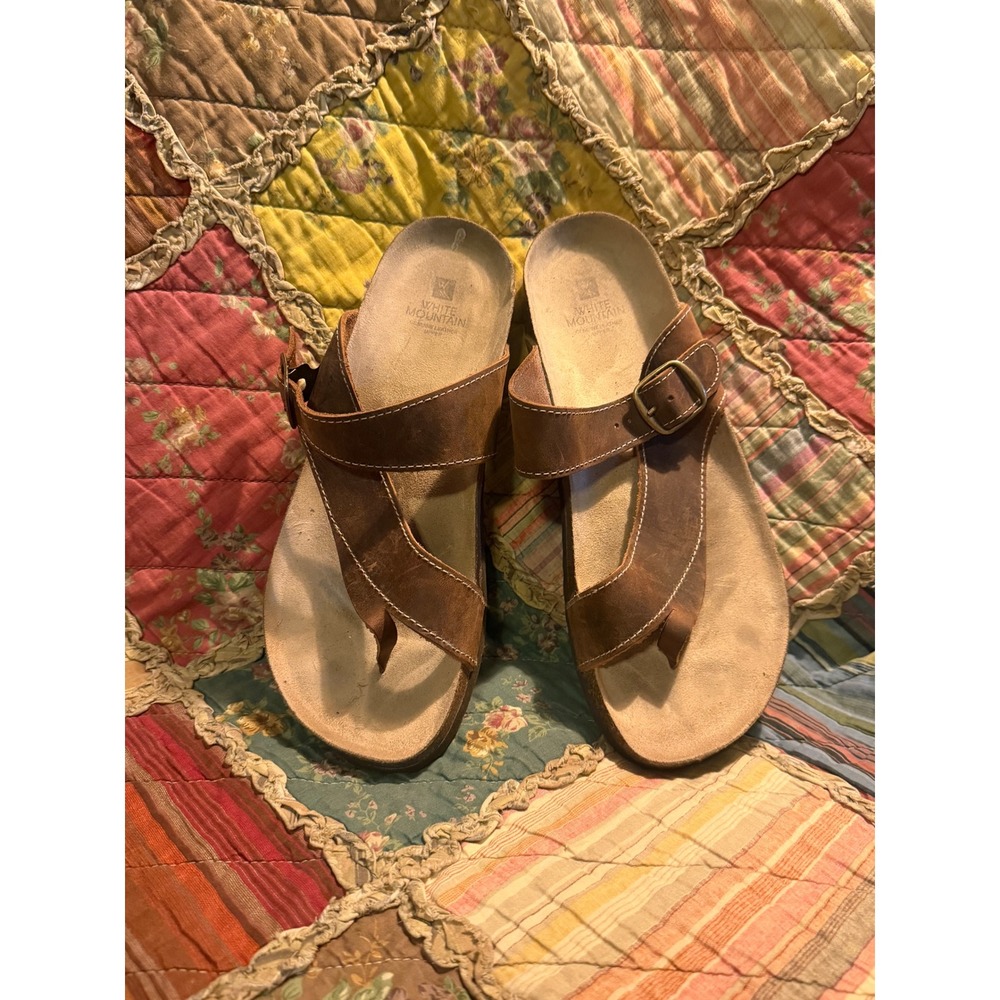 White Mountain Brown Leather Thong Buckle Slide Sandals Womens 10M 5056